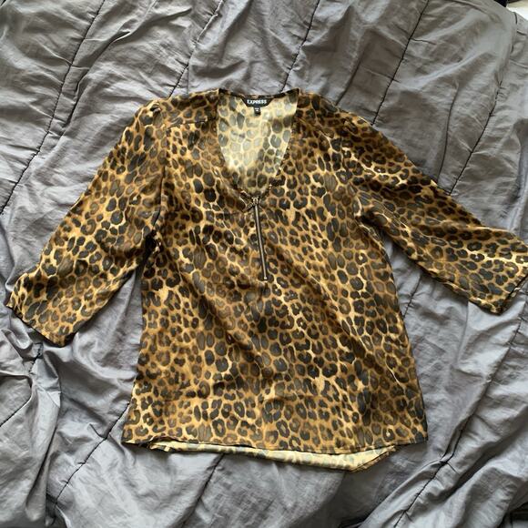 Express Leopard Print Silky Zip Front 3/4 Sleeves Blouse Women's Size SMALL - Picture 4 of 15